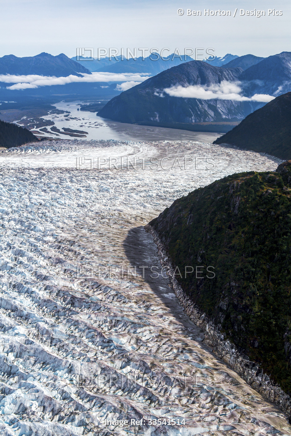 Aerial view of glacier landscape of Taku Inlet in Alaska.