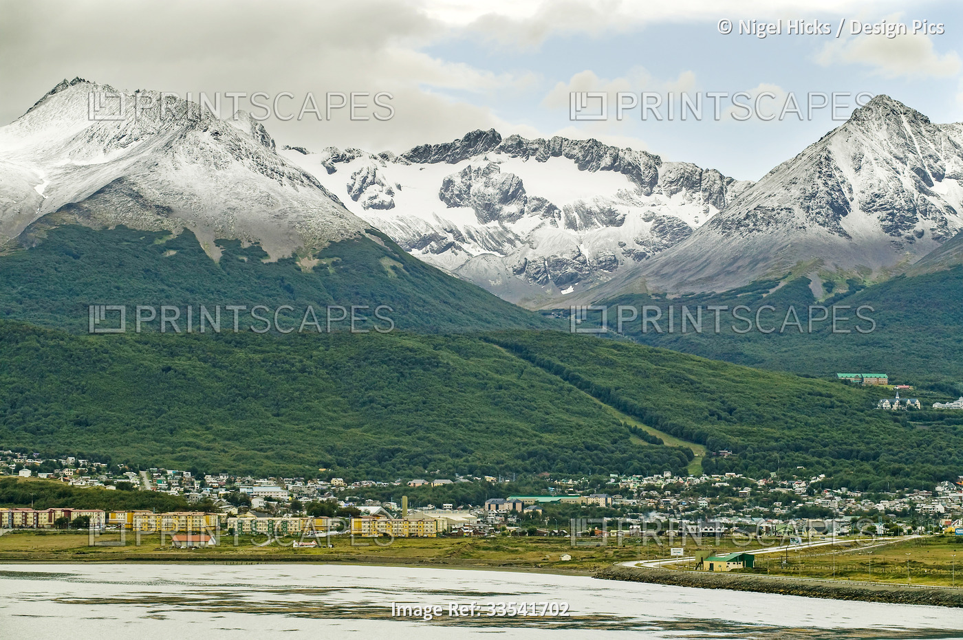 Tierra del Fuego mountains after a brief summer snow shower.; Ushuaia, Beagle ...