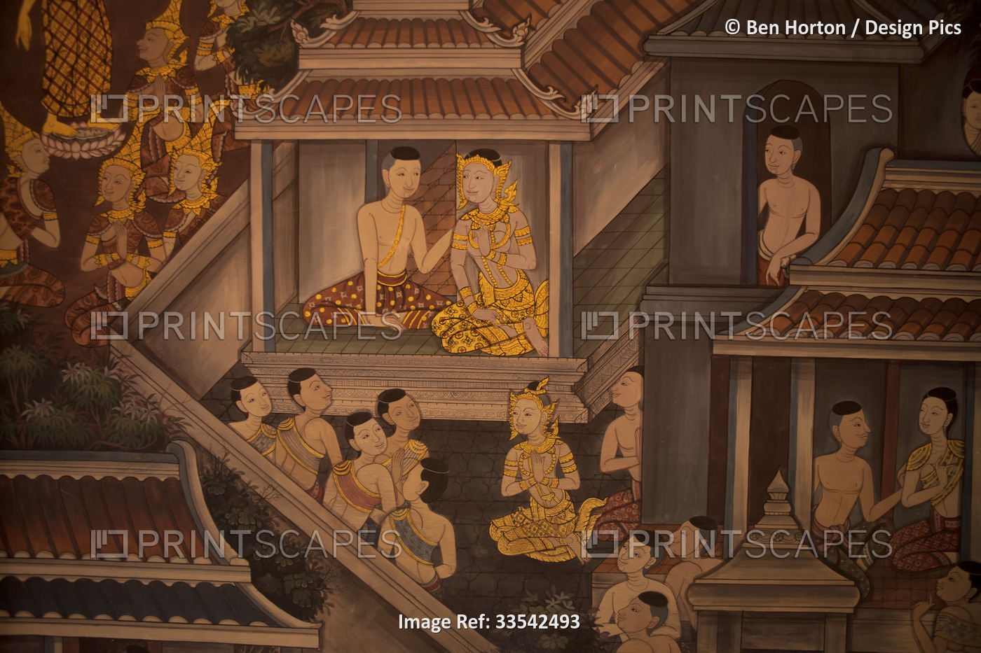 Wall mural detail in the Wat Pho temple in Thailand; Bangkok, Thailand