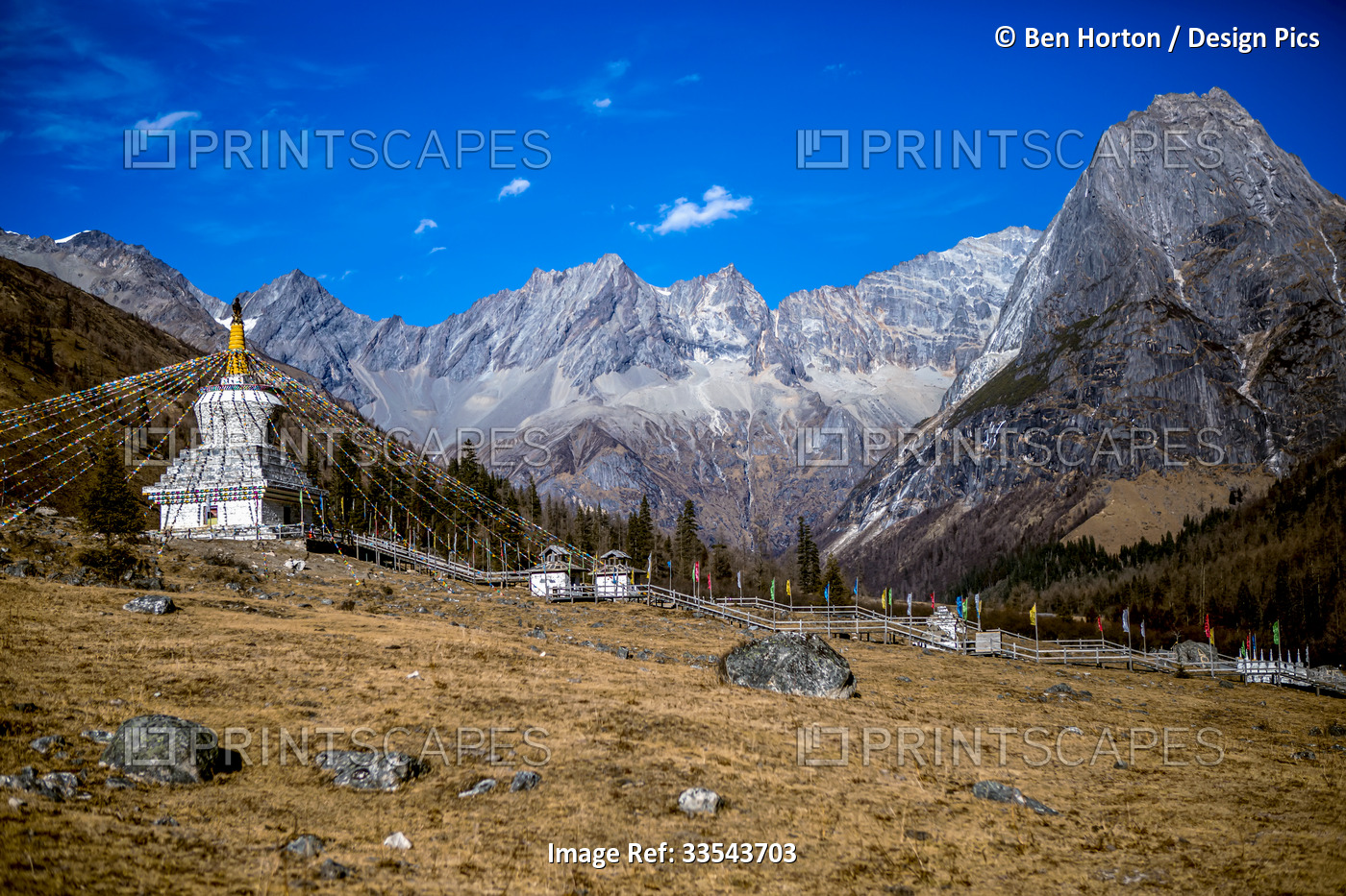 Buddhist prayer flags and stupa in the mountains, Mount Siguniang National ...