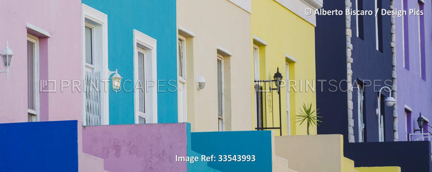 Close-up of the colorful painted houses in the Bo-Kaap District of Cape Town; ...