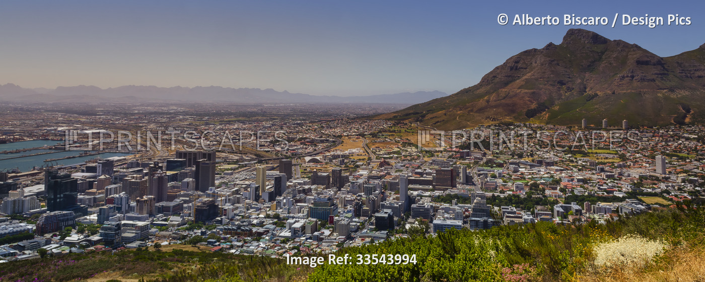 Overview of Cape Town city skyline and Devil's Peak from Signal Hill; Cape ...