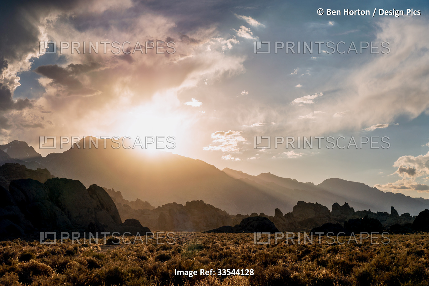 Sunset in the Alabama Hills showing the Sierra Madre Mountains; Lone Pine, ...