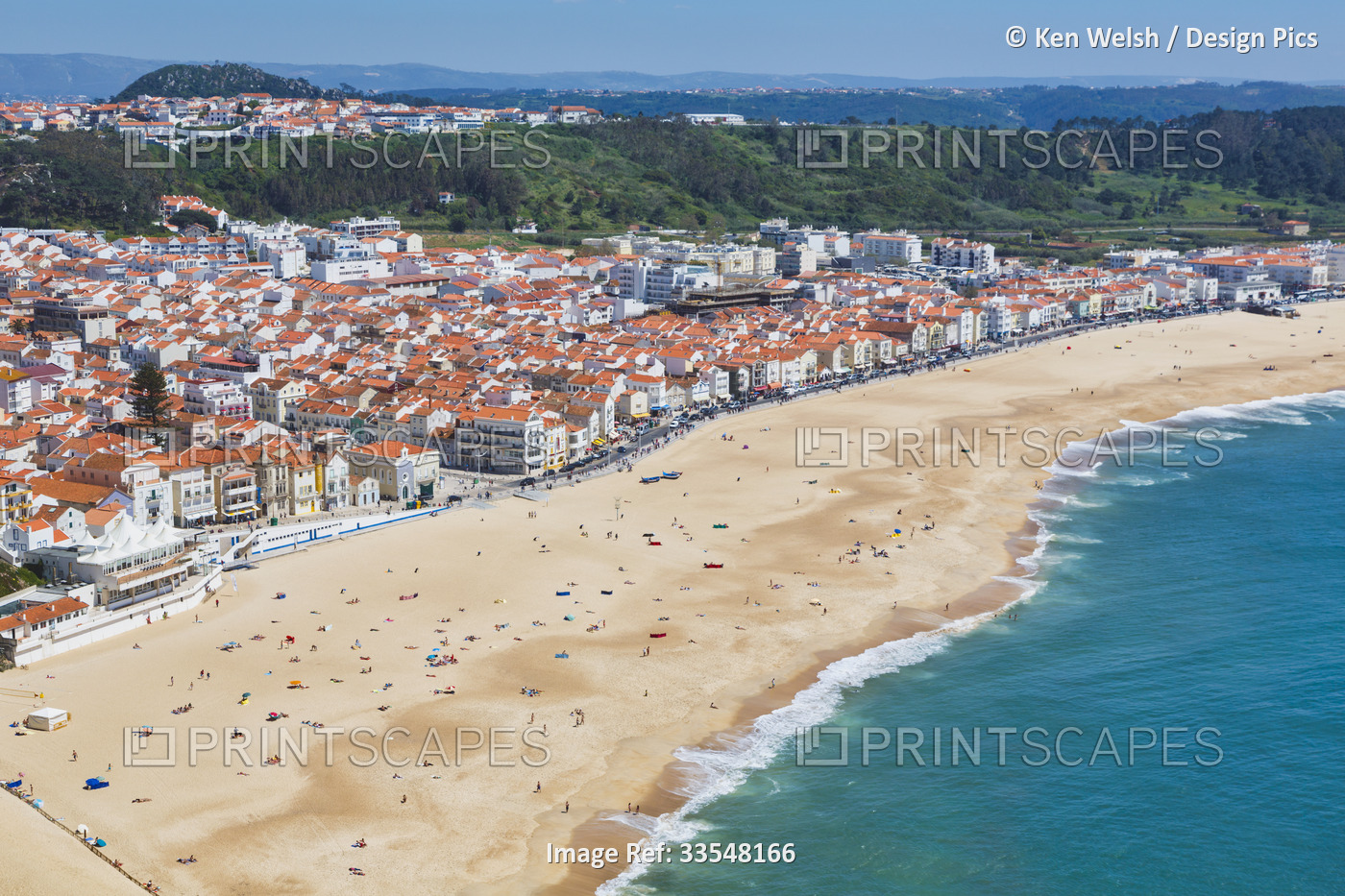Nazare, Leiria Province, Portugal.  View from the Sitio quarter down to beach.