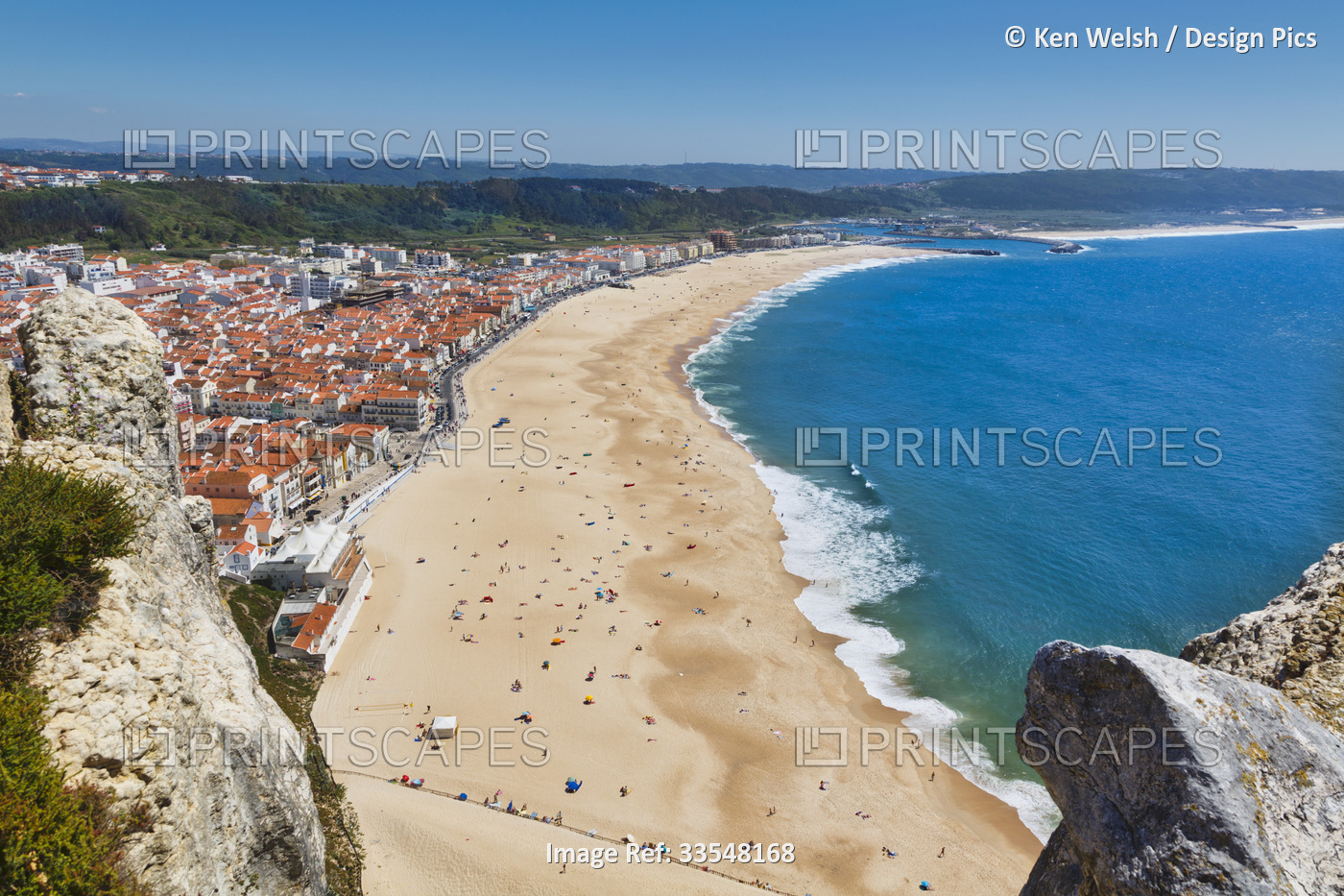Nazare, Leiria Province, Portugal.  View from the Sitio quarter down to beach.