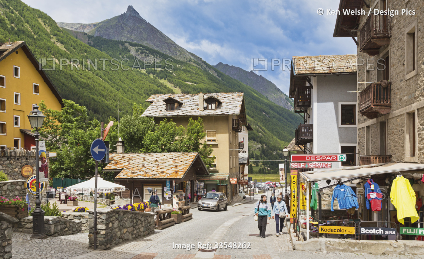 Cogne, Valle d'Aosta, Italy.   The town centre.  Cogne is a popular stop for ...