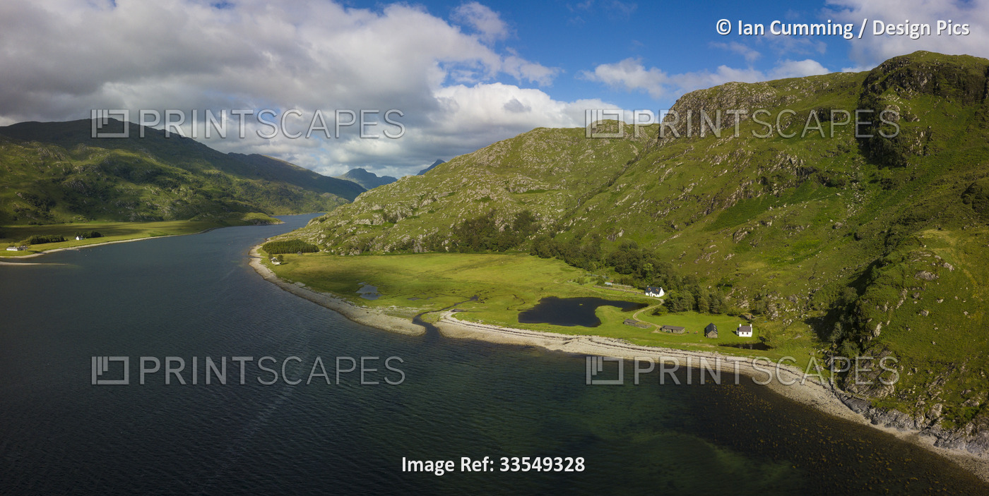 Drone shot of Kylesmorar and Loch Nevis near Mallaig; Scotland