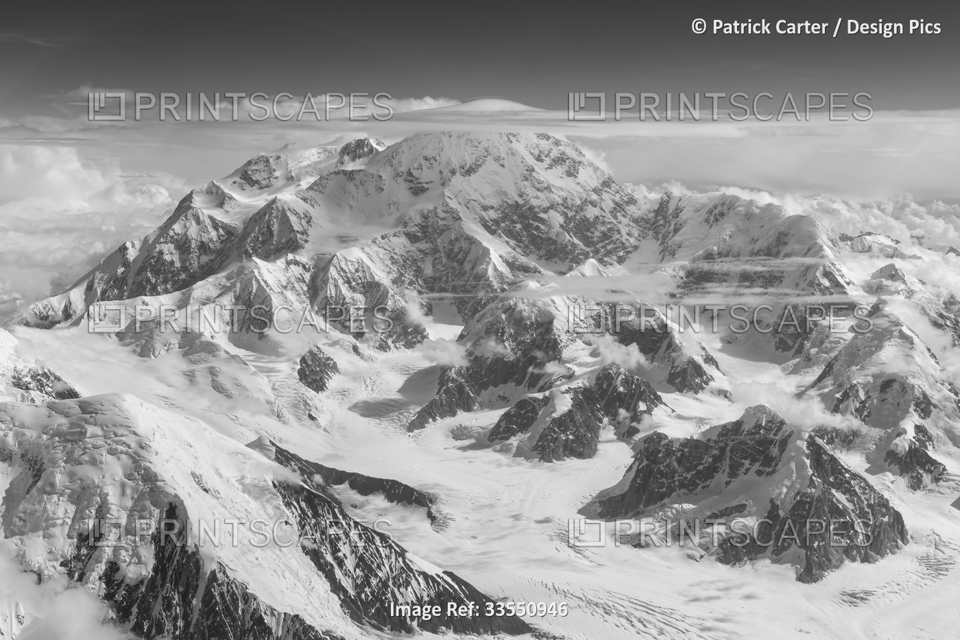 Denali from 20,000 feet over the summit of Mt Foraker; Denali National Park and ...
