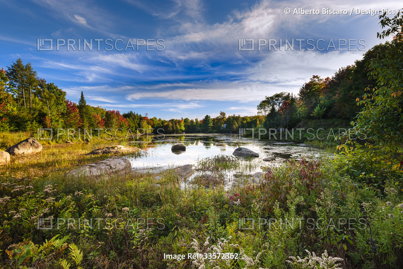 Lake Noel and autumn colours in the Laurentides of Quebec; Quebec, Canada