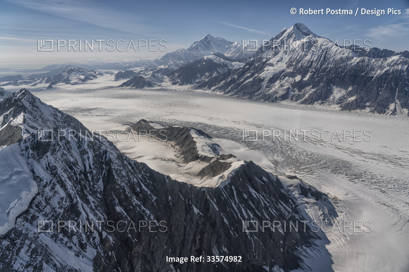 Aerial photo of Kluane National Park, with snow covered mountains and glacial ...