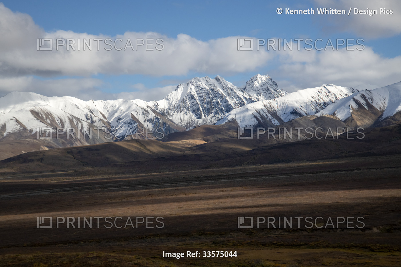 View toward the snow-covered Alaska Range from Polychrome Overlook in Denali ...