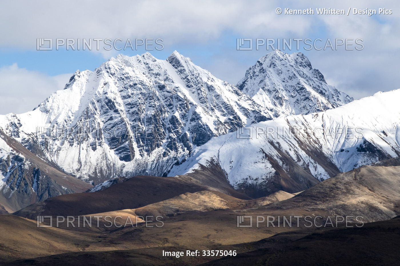 View toward the snow-covered Alaska Range from Polychrome Overlook in Denali ...