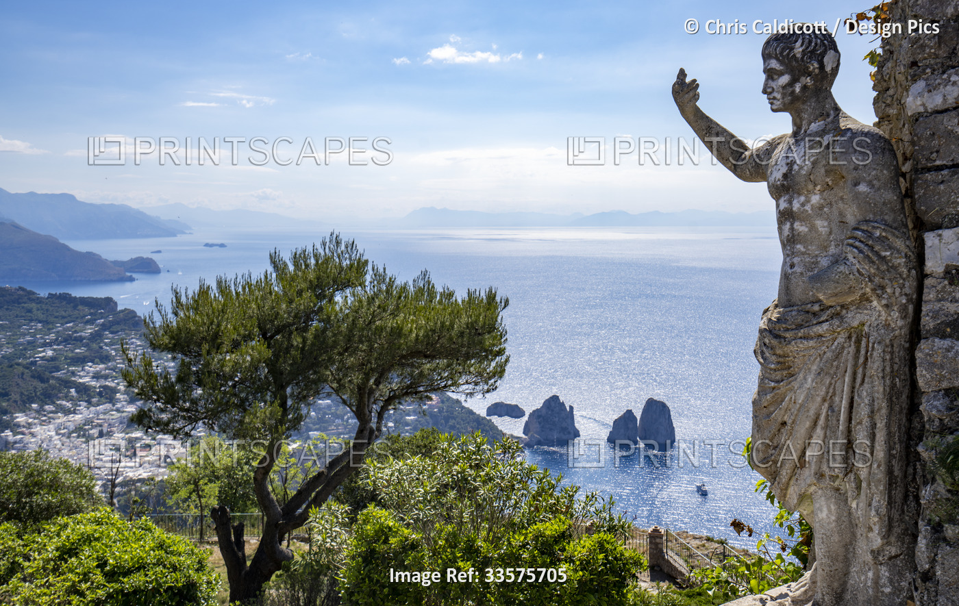 View of Faraglioni Bay and rock formations from Monte Solaro on the island of ...
