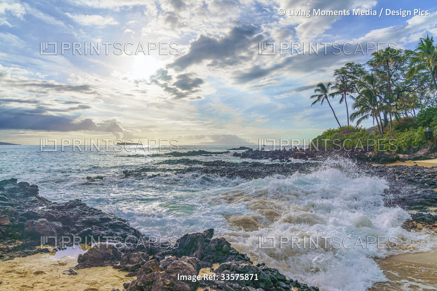 Surf splashes onto a beach with palm trees and lava rock on the golden sand at ...