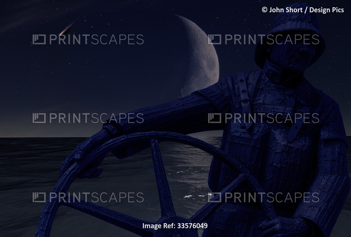 Sculpture of a seaman at a ship's wheel with a crescent moon over the ocean; ...