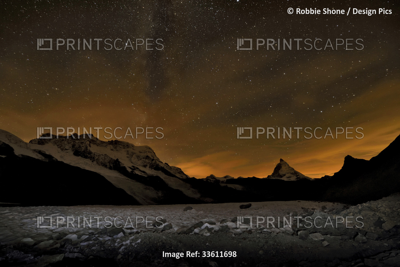 The Matterhorn mountain looms above the Gorner Glacier at night.; Gornergrat, ...