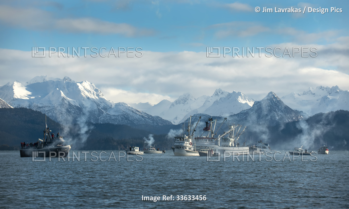 Numerous boats moored off the rugged coastline of Alaska, with snow-covered ...