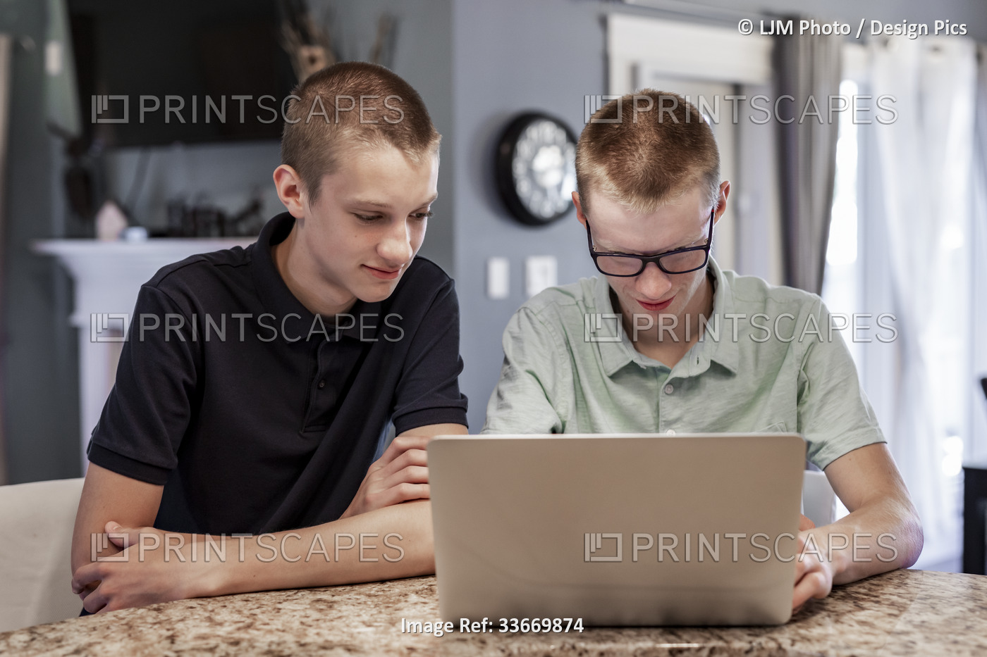 Young man uses a laptop computer at home with his brother watching the screen ...