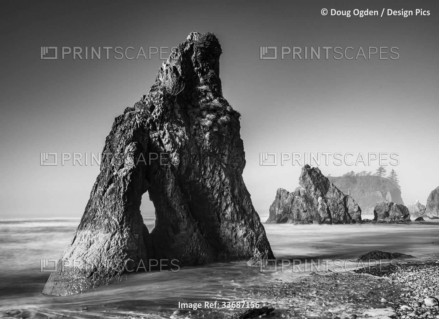 Black and white image of sea stacks and Abbey Island at Ruby Beach in the ...