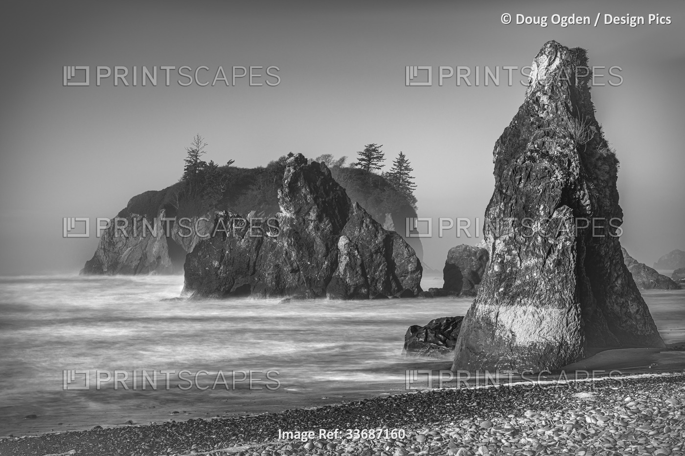 Black and white image of sea stacks and Abbey Island at Ruby Beach in the ...