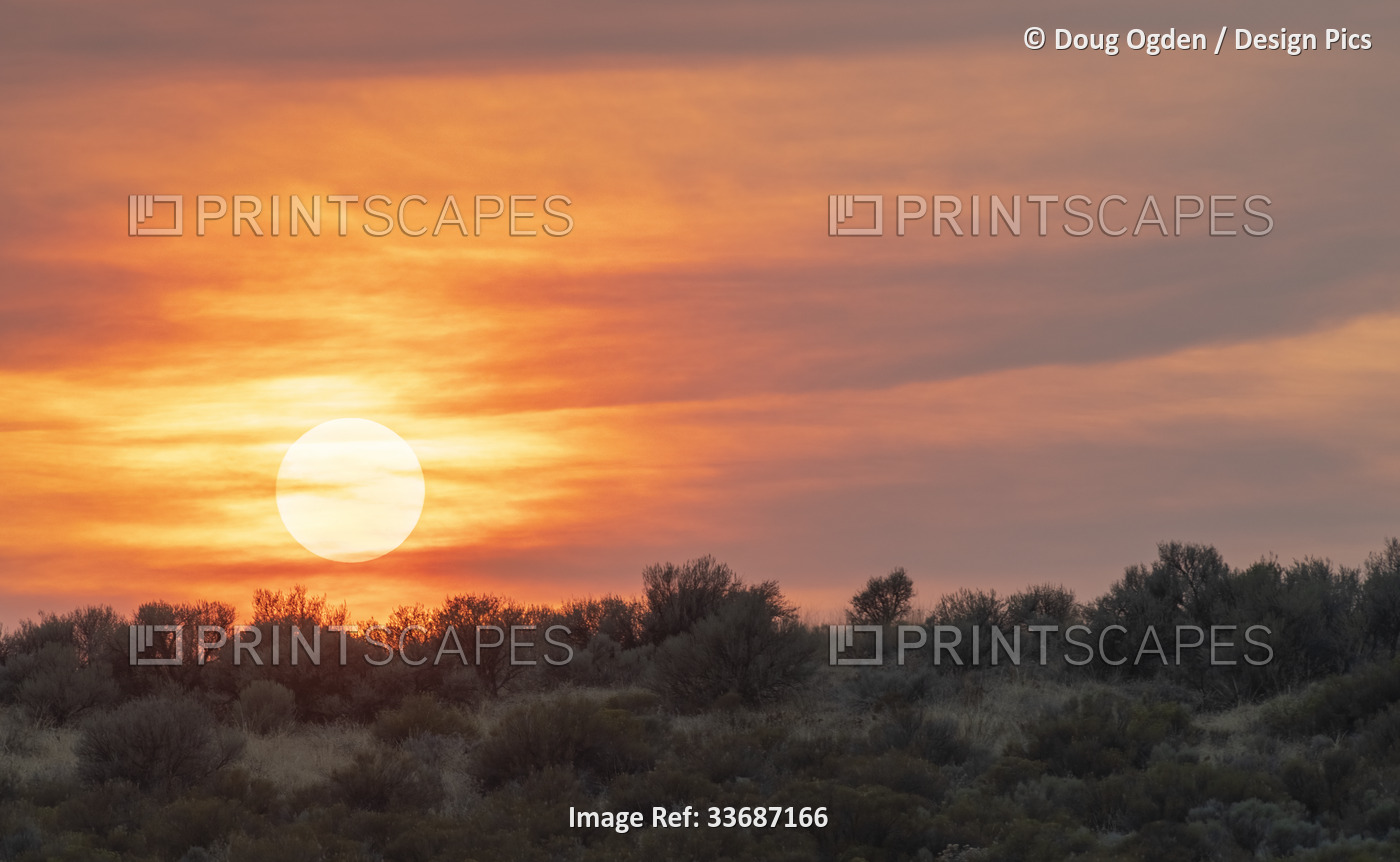 Red sunset over the sage in Eastern Washington during fire season; Hartline, ...