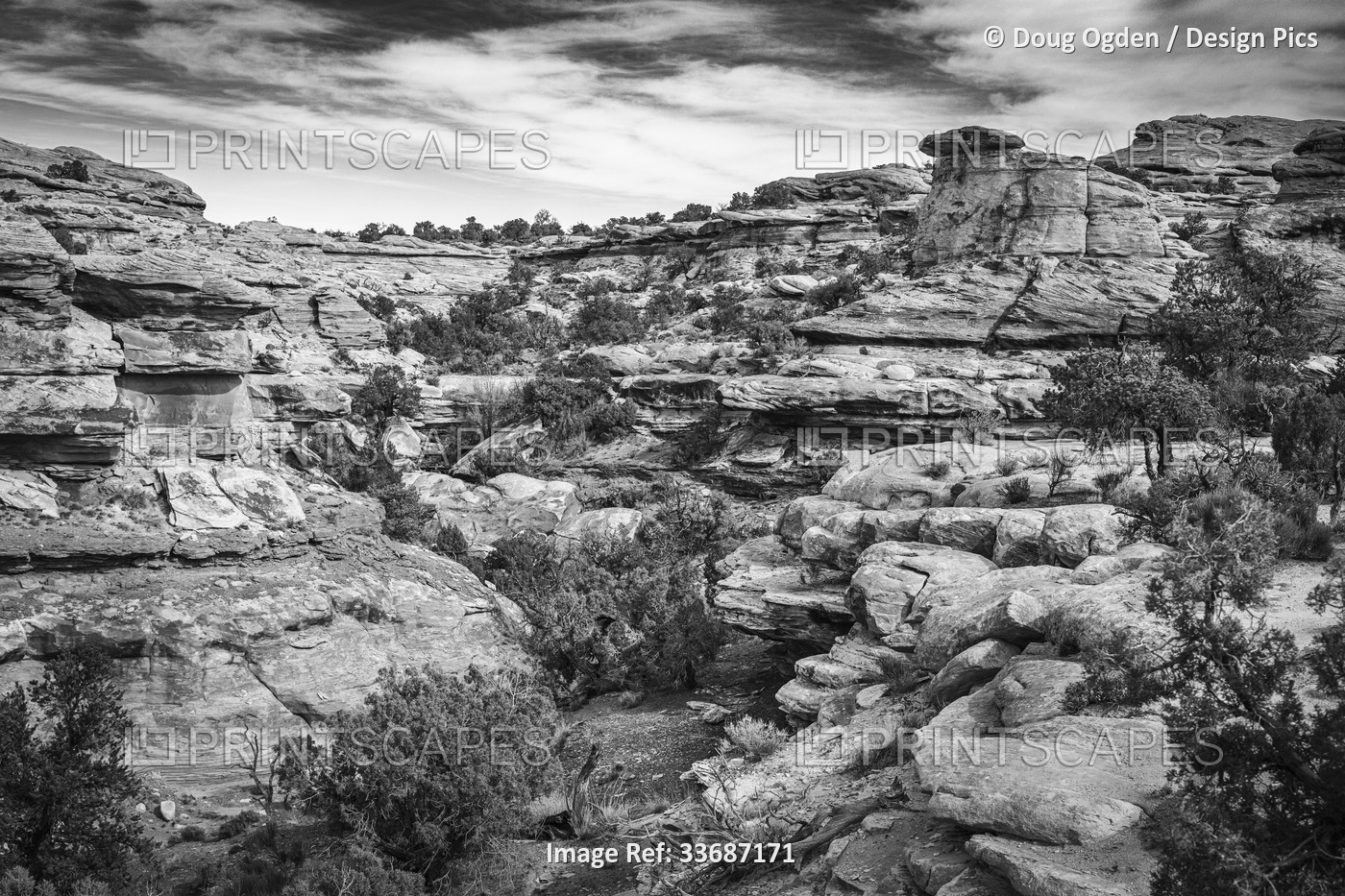Black and white image of wonderful geology exposed at Big Spring Canyon in the ...