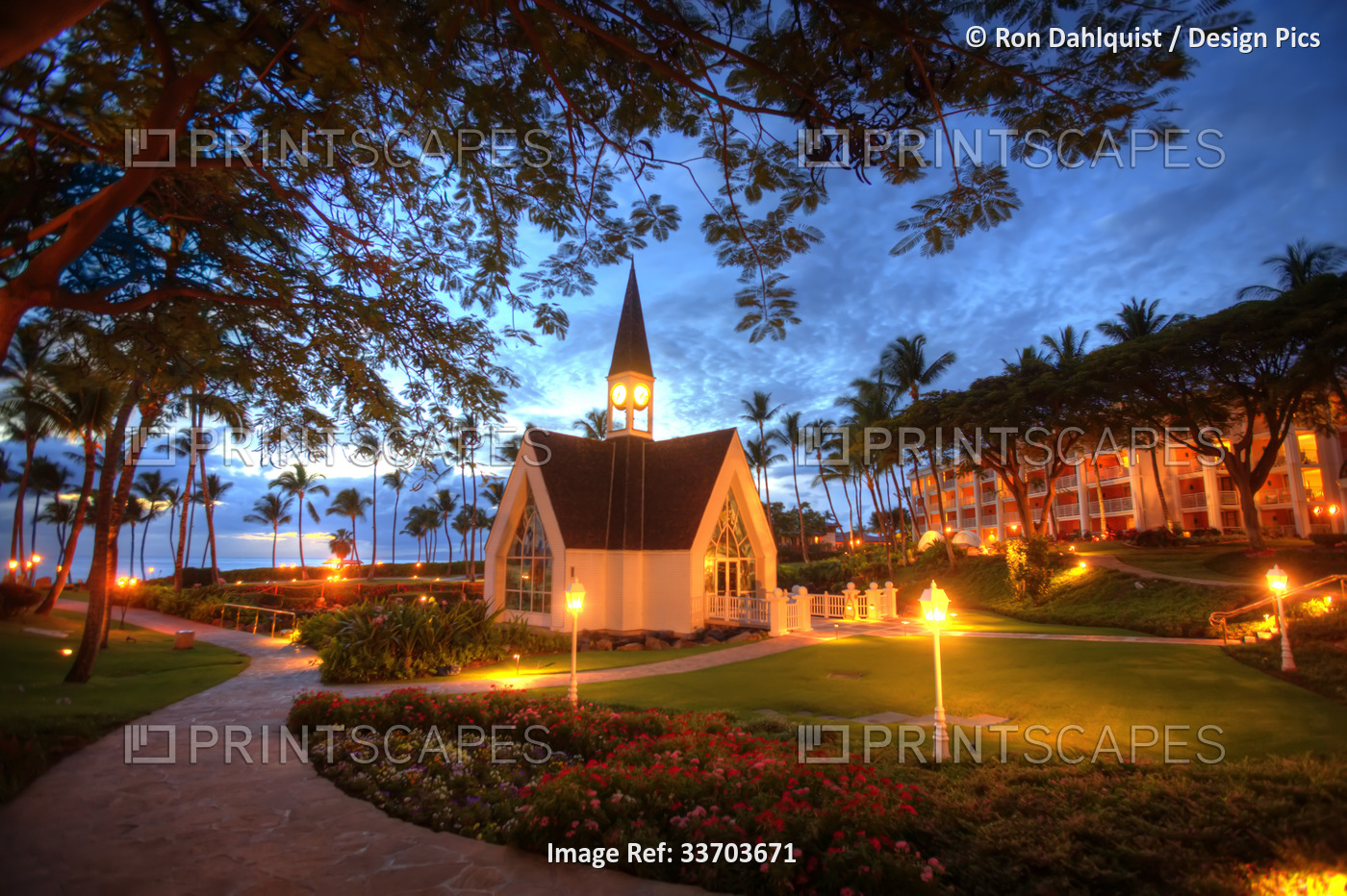 Glowing lights illuminate the Chapel by the Sea at the Grand Wailea Resort in ...