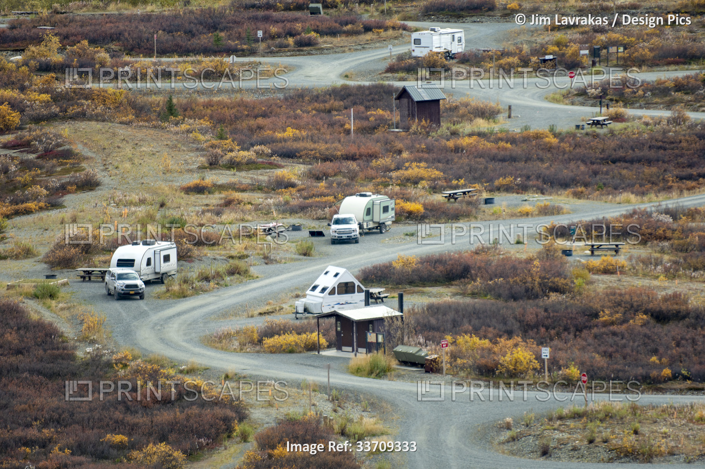 Camping vehicles parked amongst the fall foliage at Tangle Lakes, with great ...
