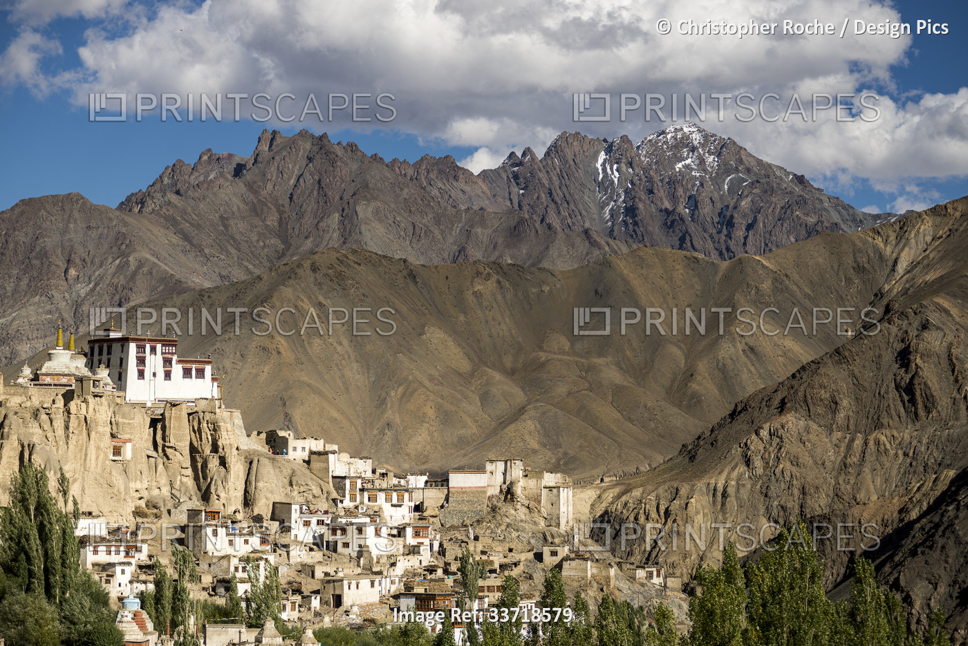 Thikse Monastery in a mountainous region in India; Ladakh, Jammu and Kashmir, ...