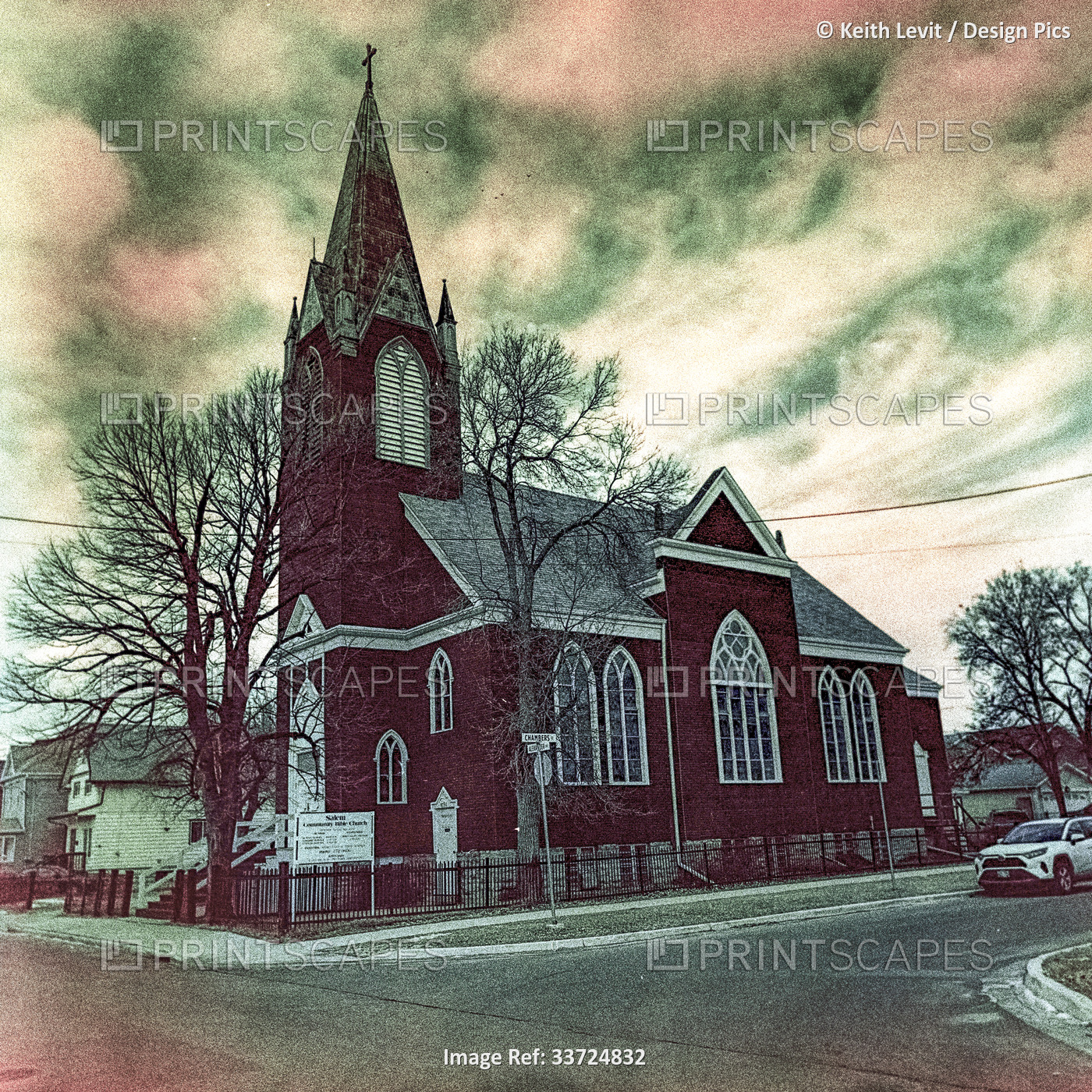 Red church building on a street corner, Salem Community Bible Church; Winnipeg, ...