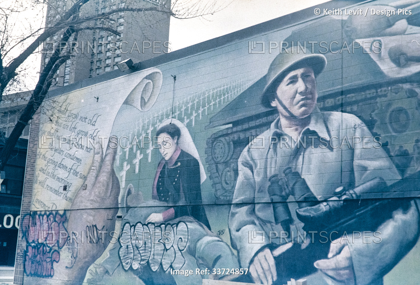 Outdoor wall mural depicting post-war grief with a mourning widow, a soldier ...