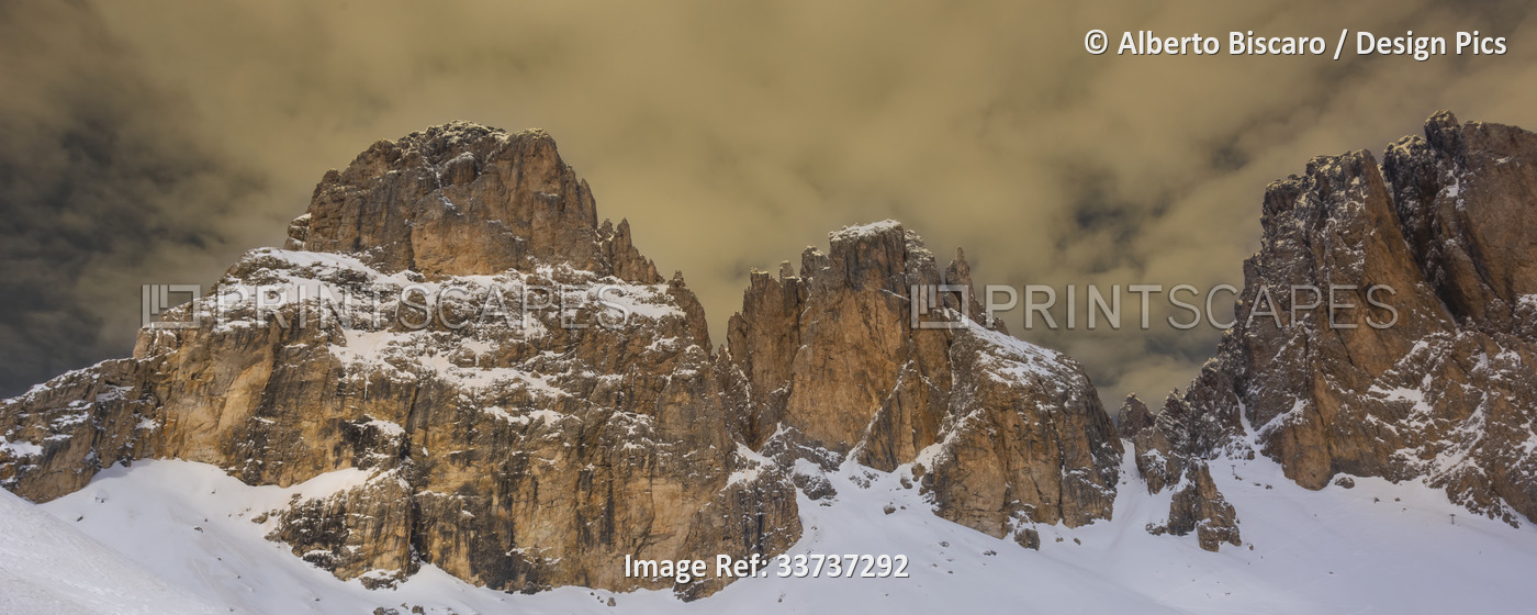 Sasso Piatto and Sasso Lungo Mountains in the Dolomites of Italy in winter; ...