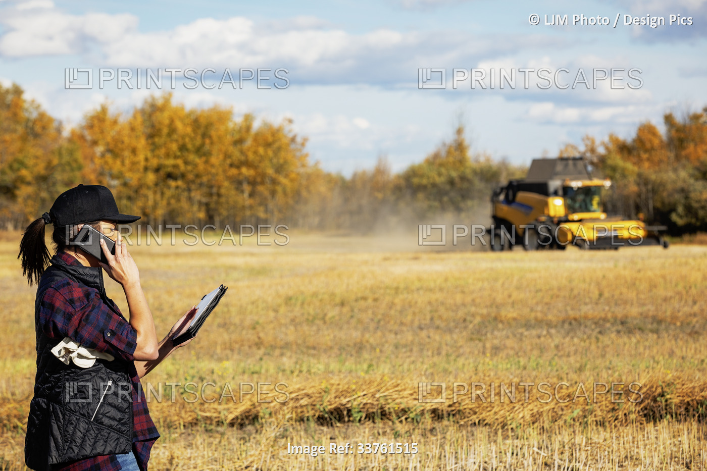 A woman using portable wireless devices to manage and monitor a fall canola ...