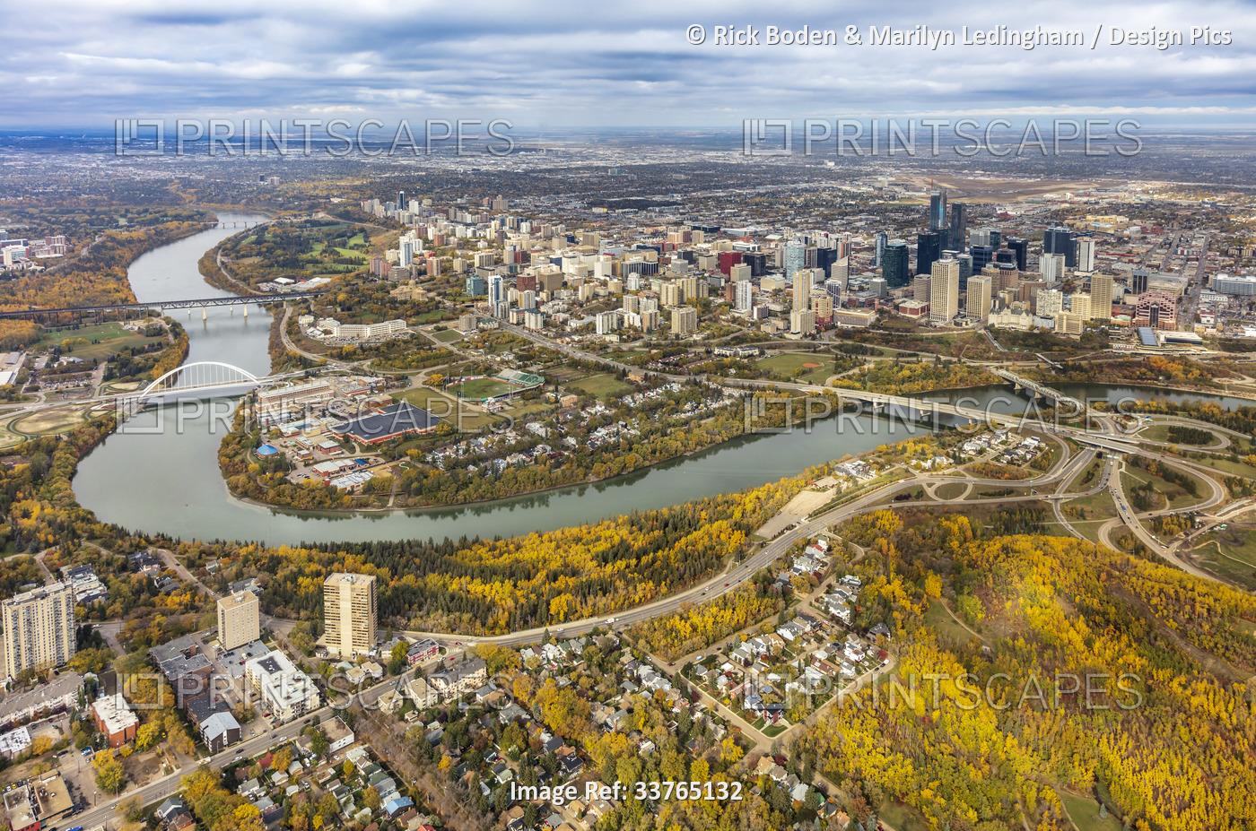 Aerial view of the city of Edmonton, Alberta featuring the downtown core or ...