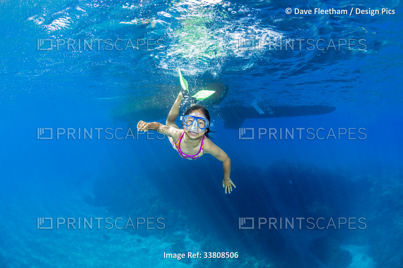 Young girl free diving over a reef in Hawaii; Hawaii, United States of America