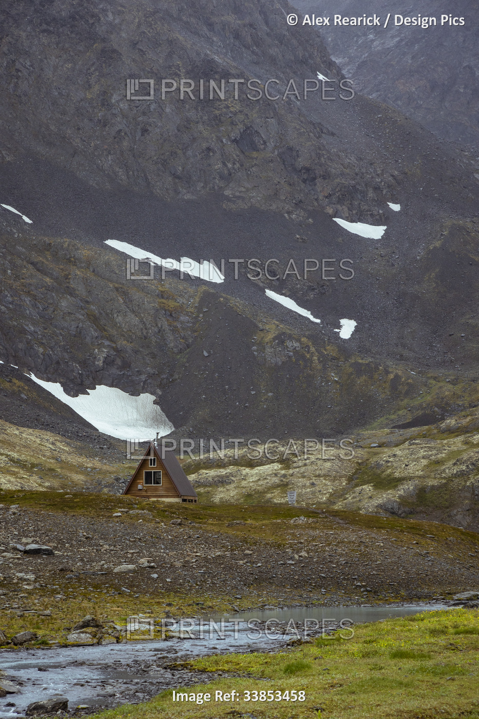 A-Frame cabin along the historic Iditarod Trail at Crow Pass in the Chugach ...