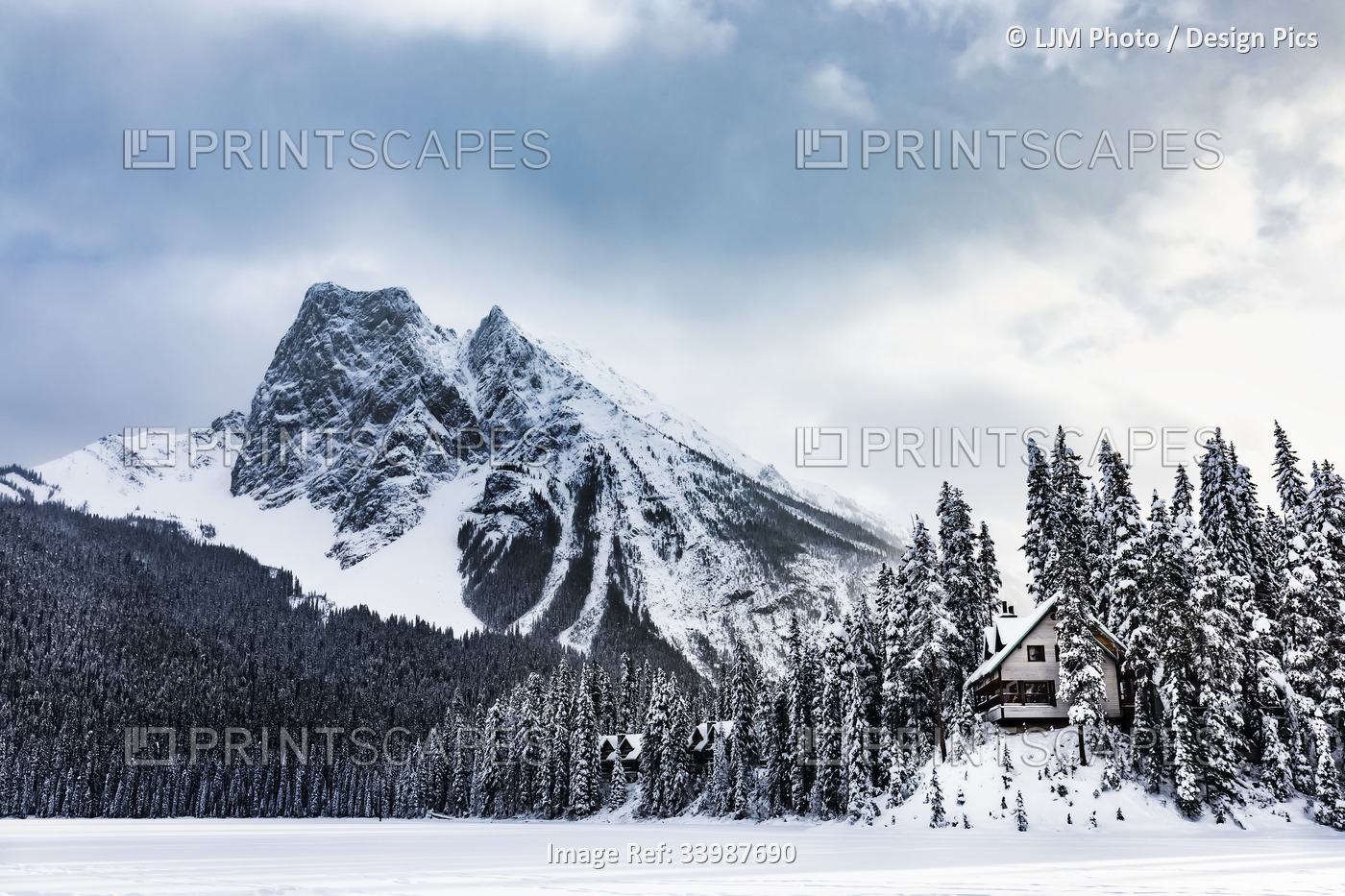 View of a lodge at Emerald Lake during the winter in Yoho National Park; ...