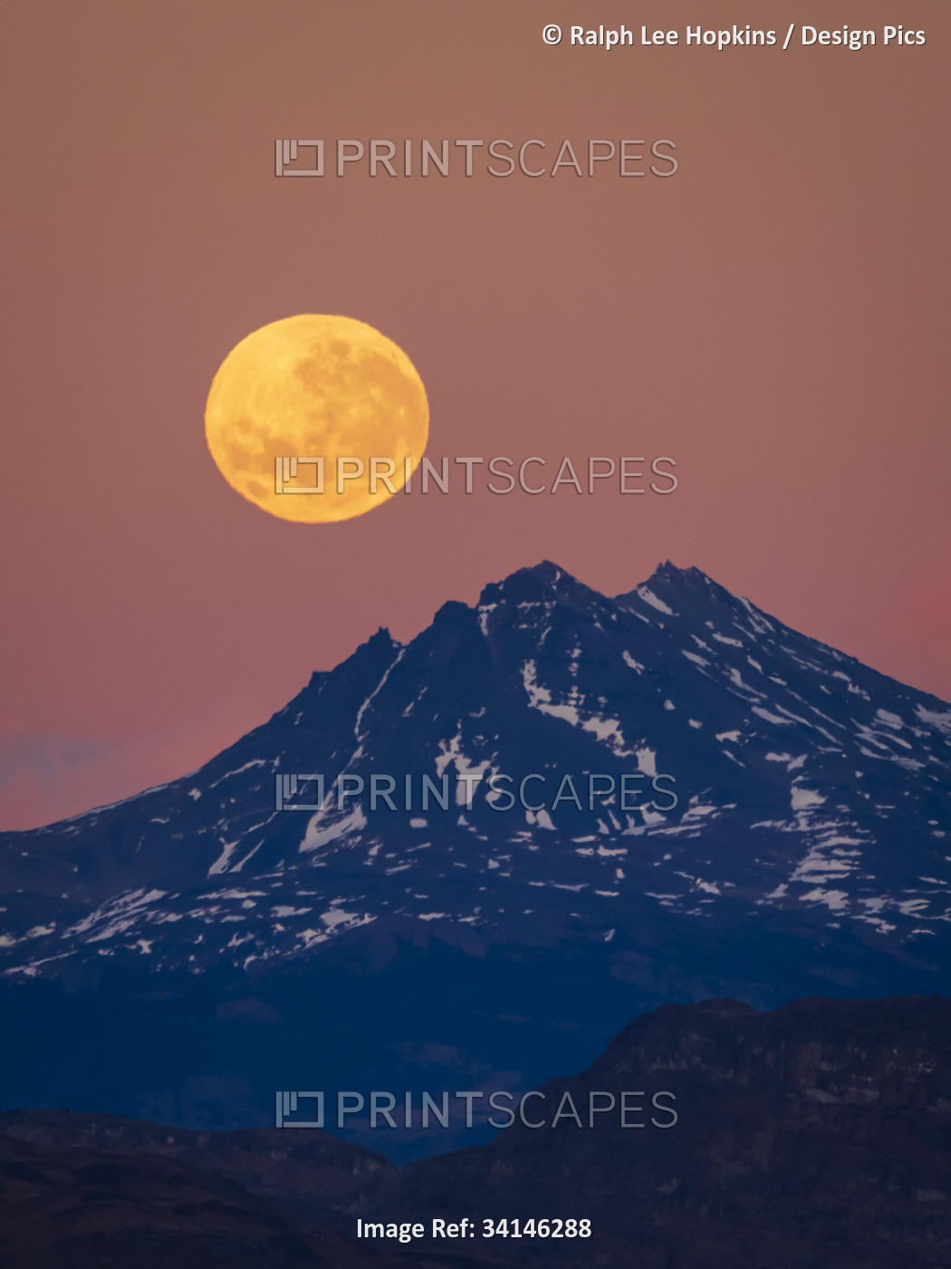 Supermoon at sunrise in Torres del Paine National Park; Patagonia, Chile
