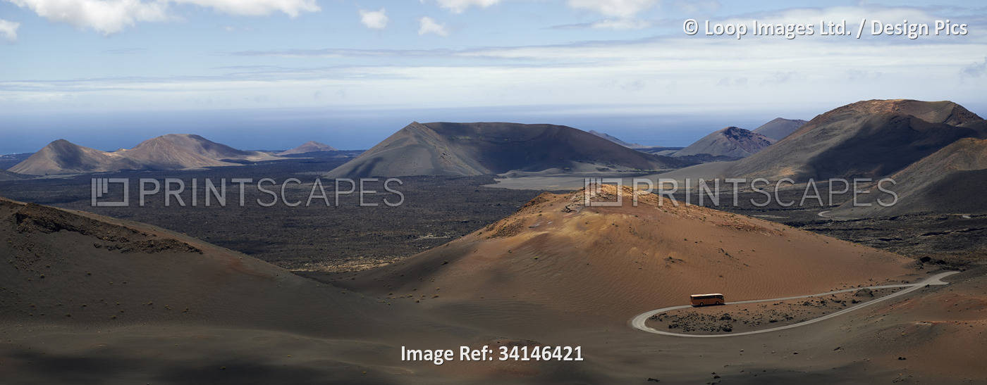 Panoramic view of The Fire Mountain volcano's in Timanfaya National Park in ...
