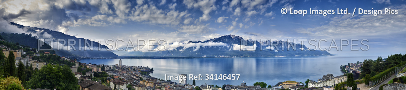 Panoramic view of mountain range and Lake Geneva from Montreux in Switzerland.