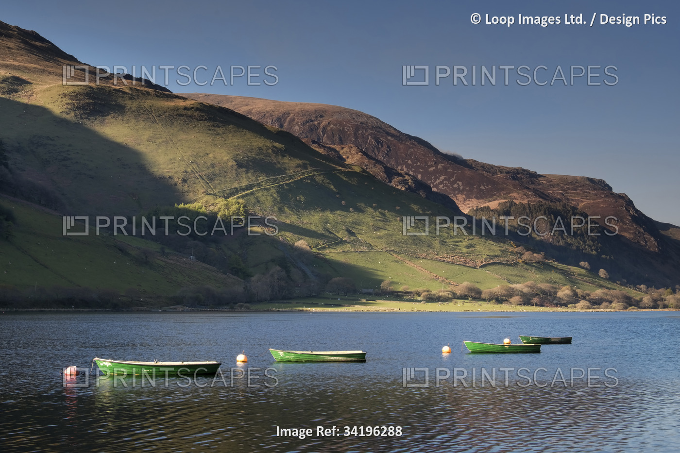 Rowing boats on Tal y llyn Lake with the lower slopes of Cadair Idris beyond.