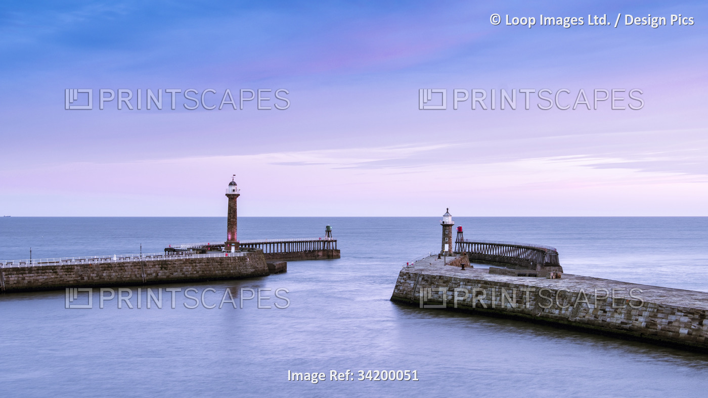 Dawn view of the entrance to Whitby harbour.
