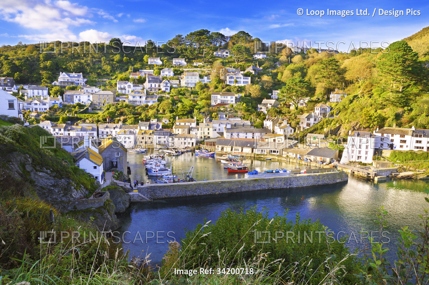 A summer view overlooking the pretty fishing village of Polperro in south east ...