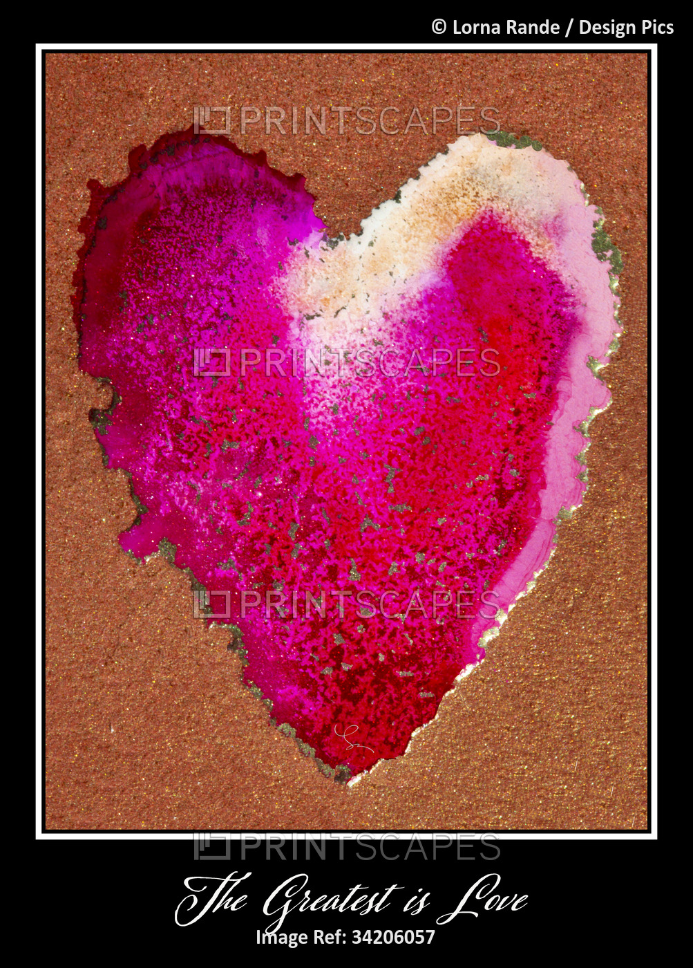 Christian art, ink in a heart shape with the words 'The Greatest is Love'; ...