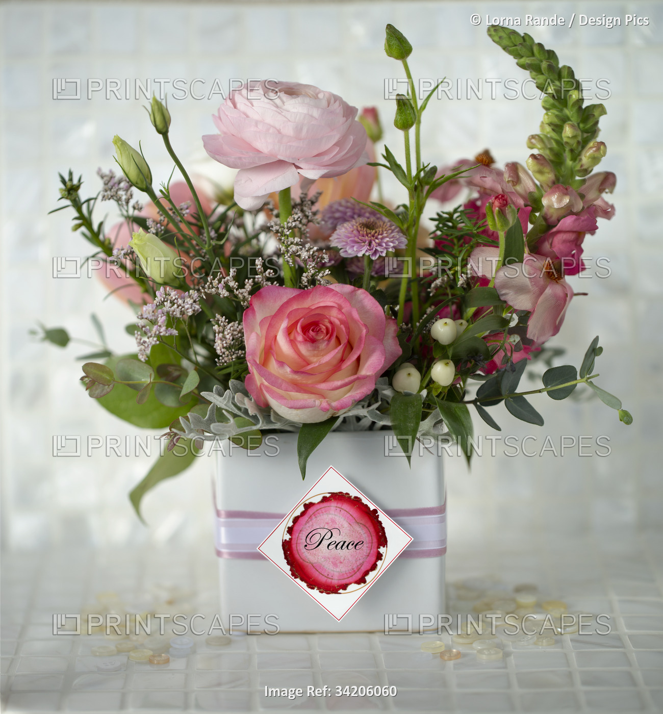 Pink Floral Arrangement with tag saying 'Peace'; Artwork