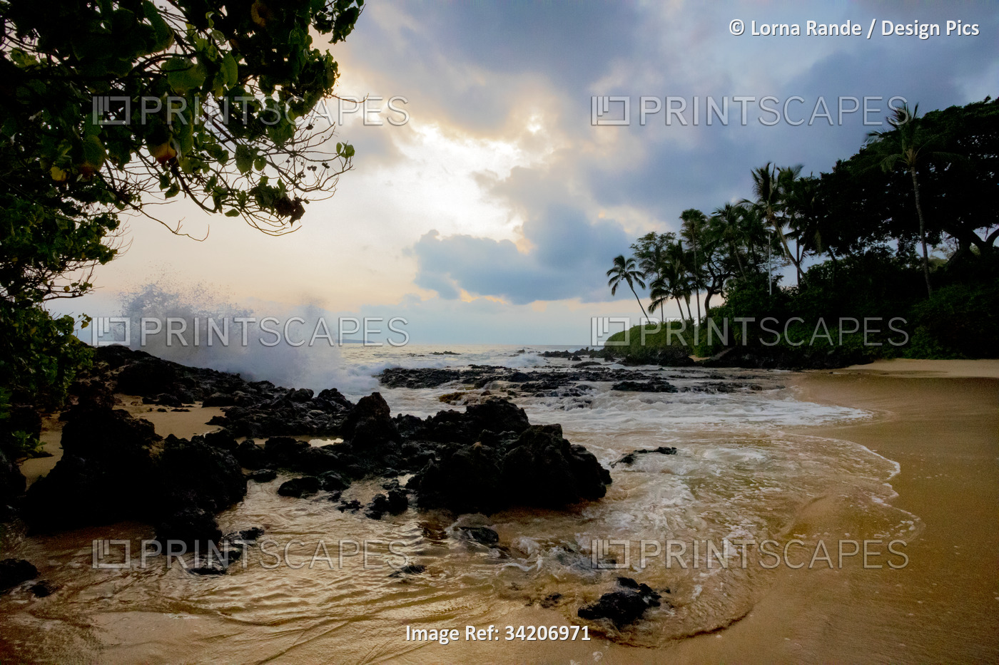 Secret Beach with view through silhouetted palm trees and lava rocks with ocean ...