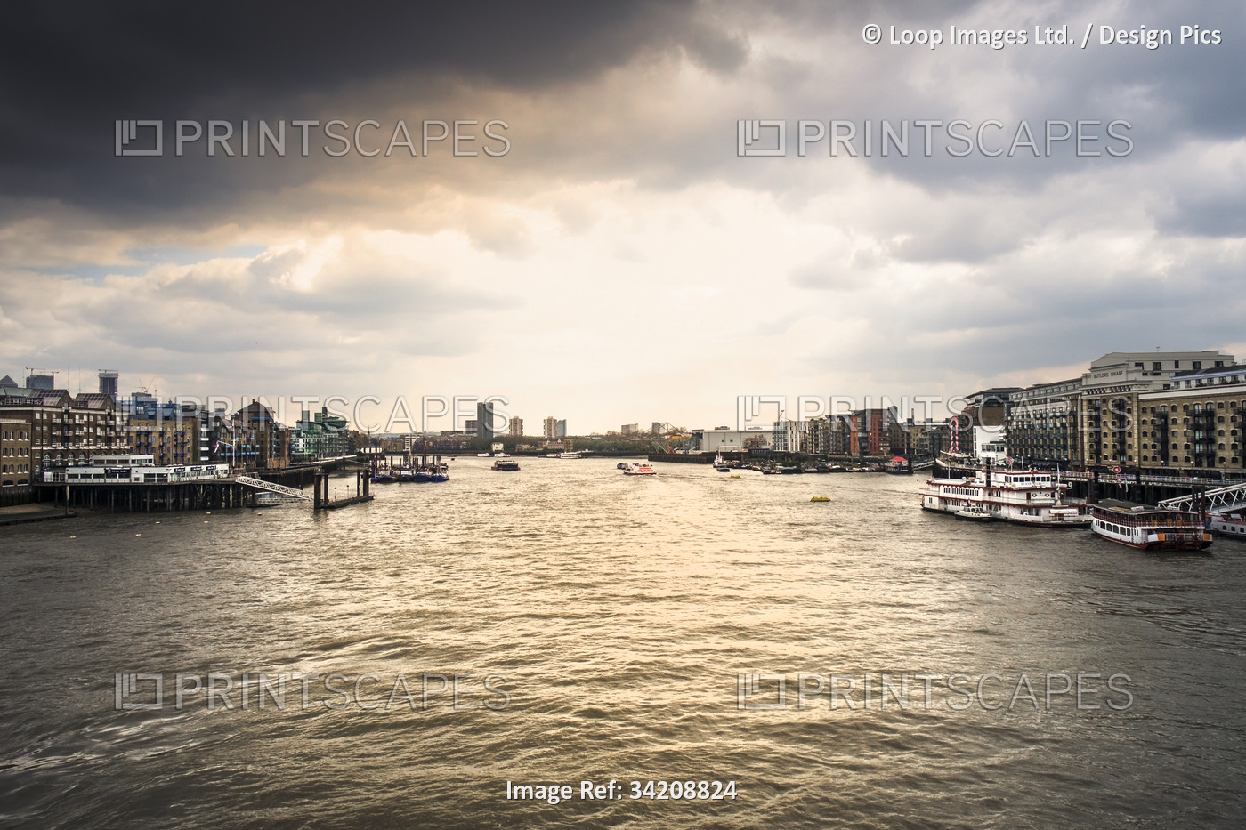 Warm late evening light over the River Thames in London.