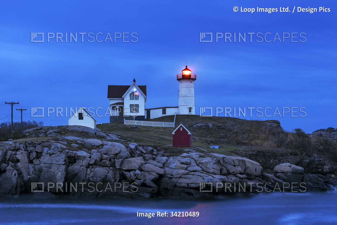 Nubble Lighthouse at night.