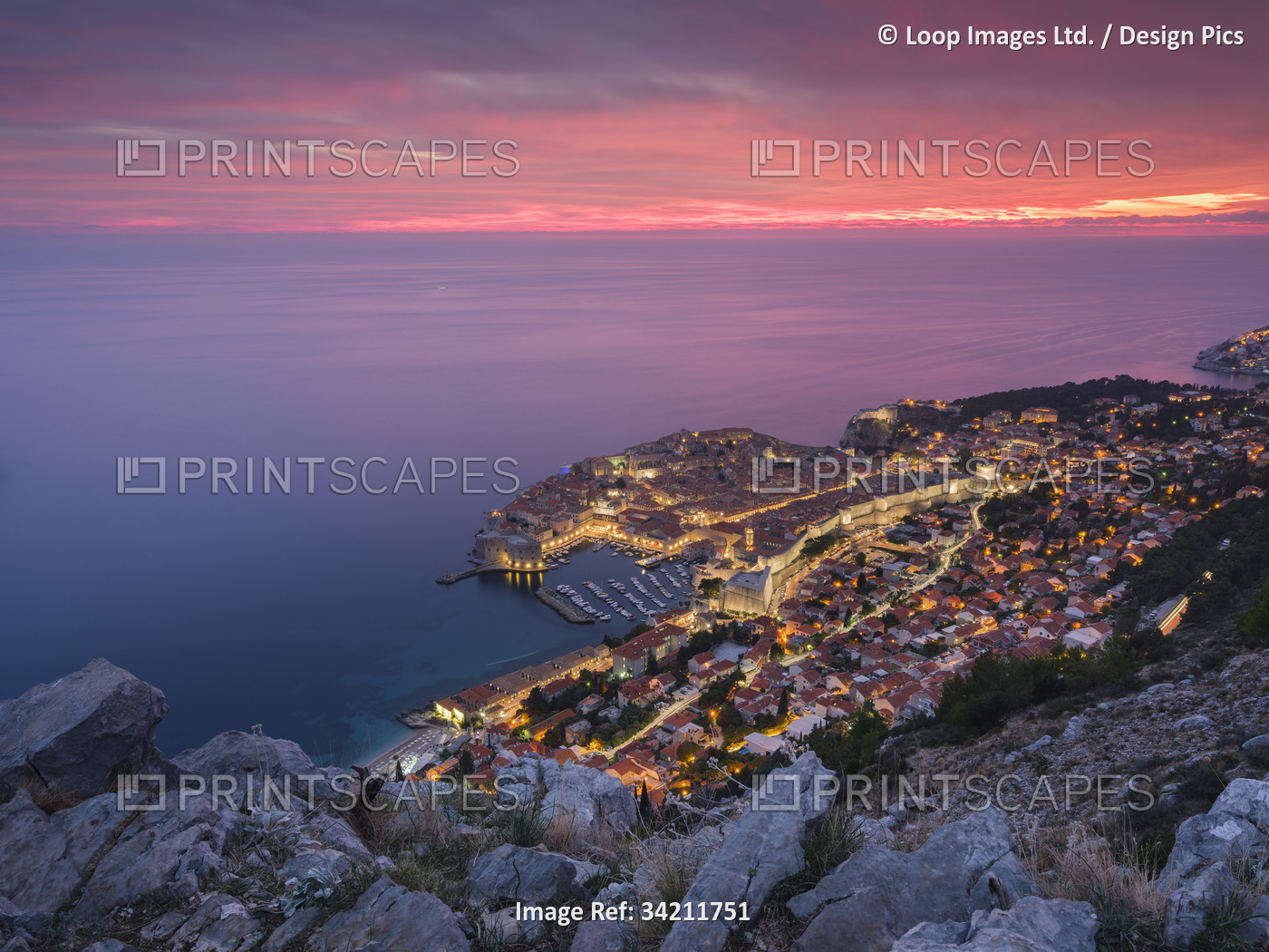 A view over Dubrovnik at sunset.