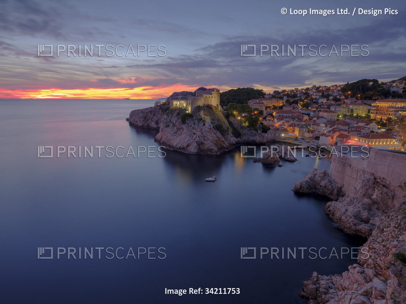 A view over Dubrovnik from the city wall at sunset.